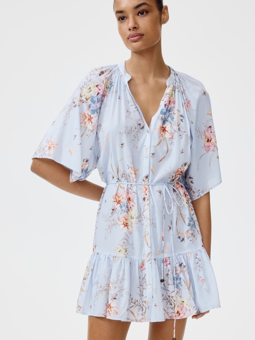 H & M Light Blue Floral Tie-Belt Shirt Dress 
EUC